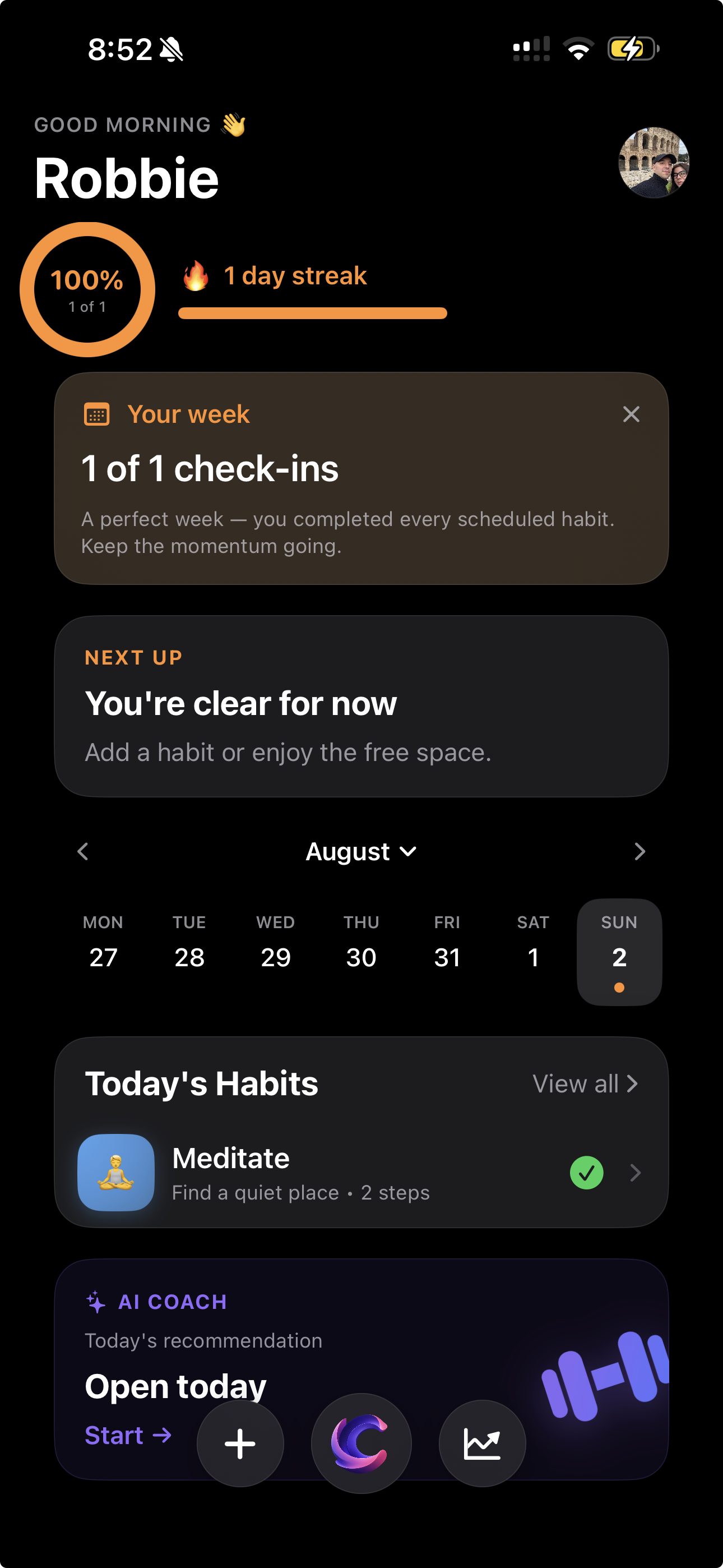 Conscio home at 100 percent with a completed habit