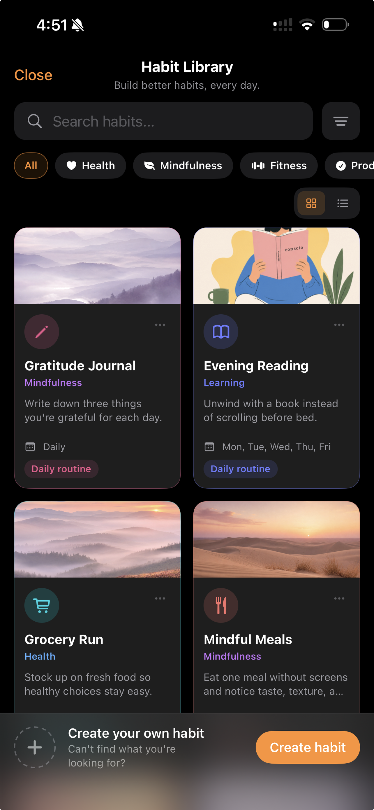 Conscio habit library grid
