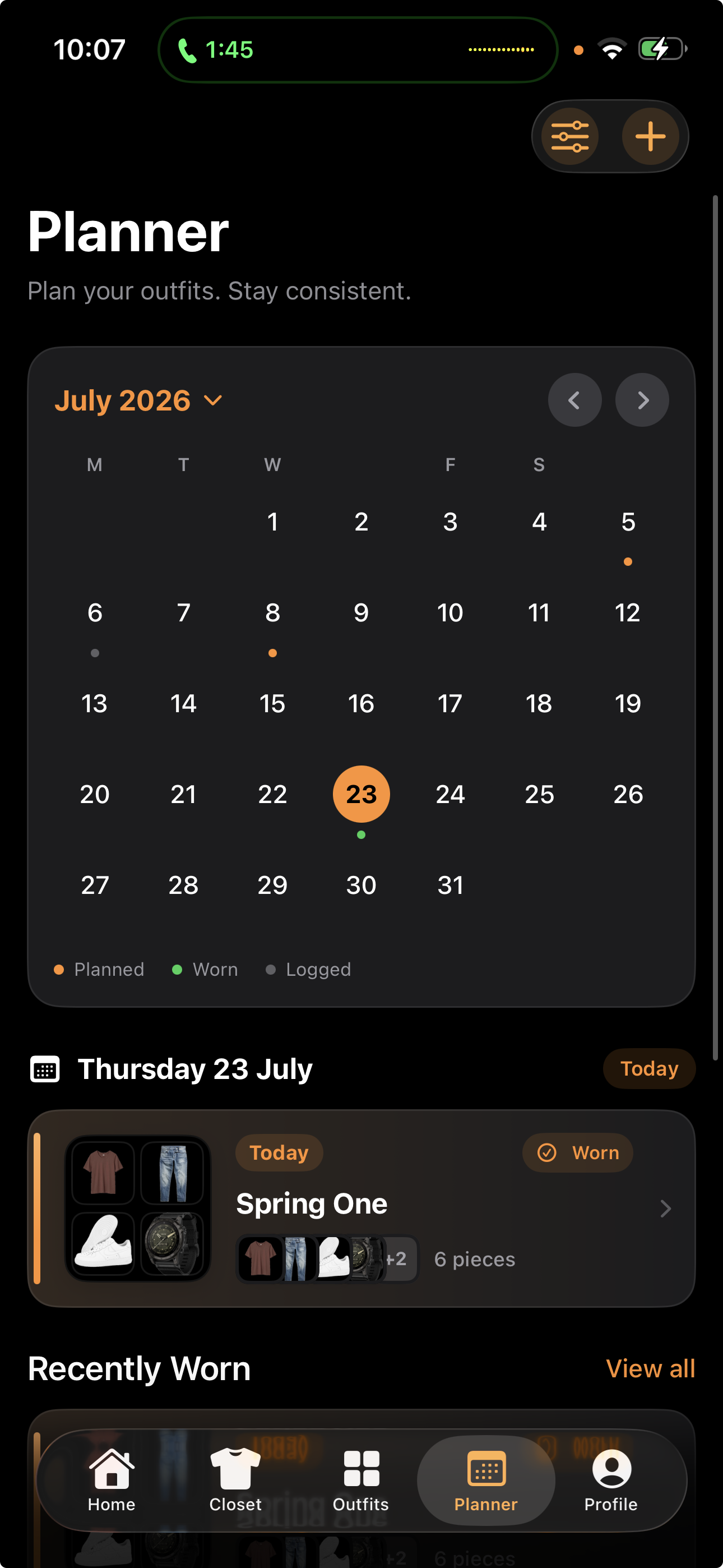 Thread planner calendar with worn outfits